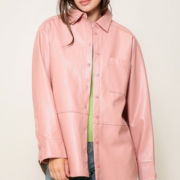 LUMIERE Pink Faux Leather Shacket, Oversized Button-Down Shirt Jacket, Fall L - Picture 1 of 5